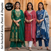 Pack of 3 Women’s Designer Kurta Sets – Ethnic Kurta Pant Dupatta Set for Women
