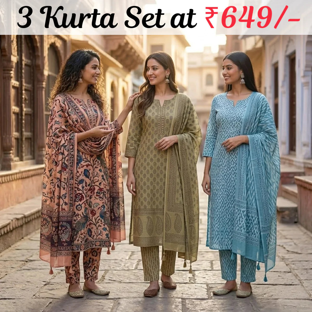Pack Of 3 Kurta Sets with dupatta Trendy Ethnic Wear