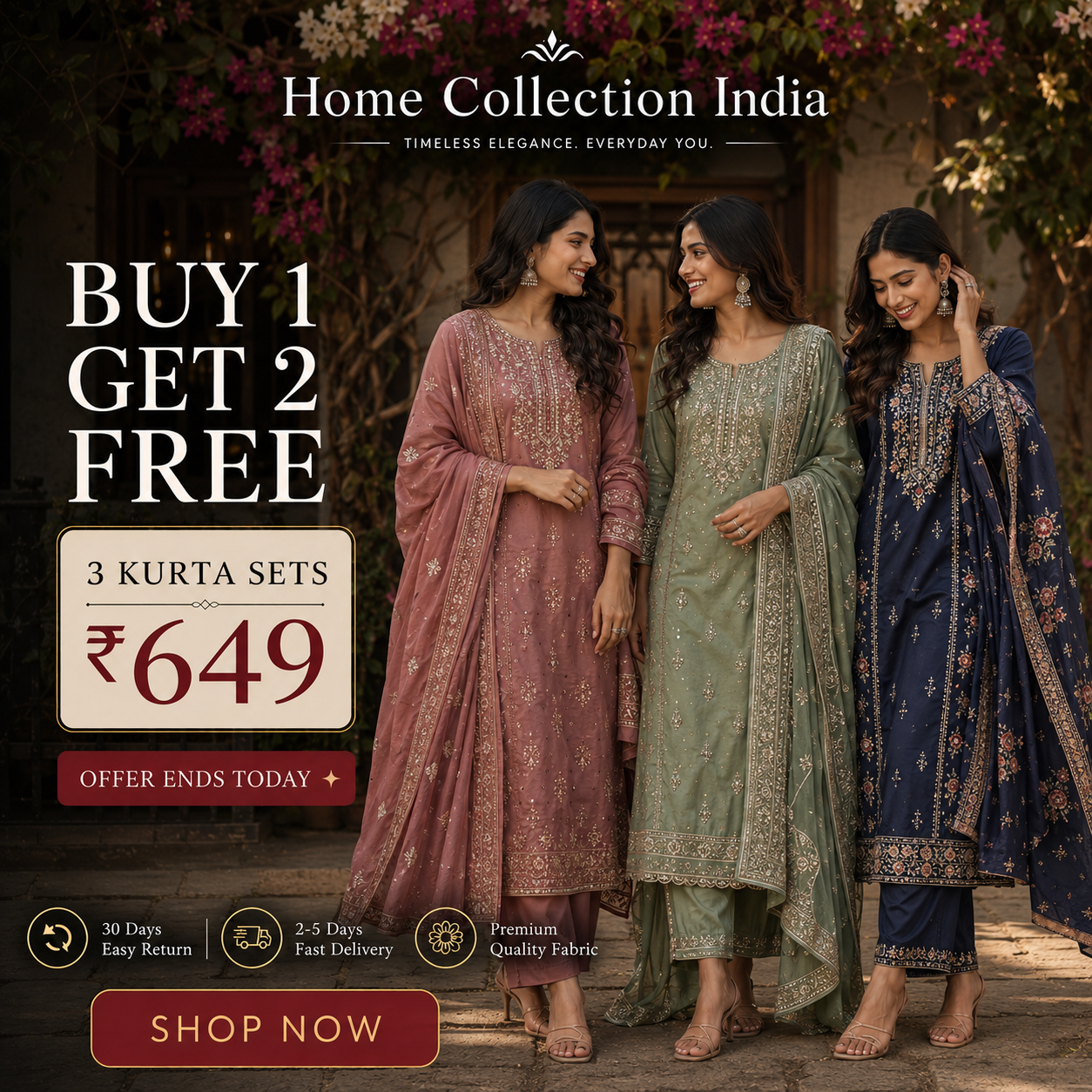 Buy 1 Get 2 Free Kurta Sets – 3 Beautiful Ethnic Kurtas