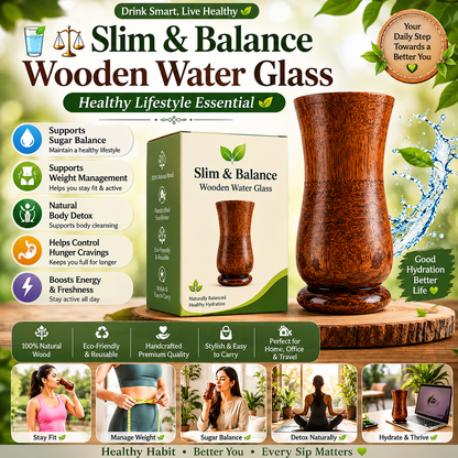 🍃💚 Wellness Wooden Water Glass – Weight & Sugar Support🪵