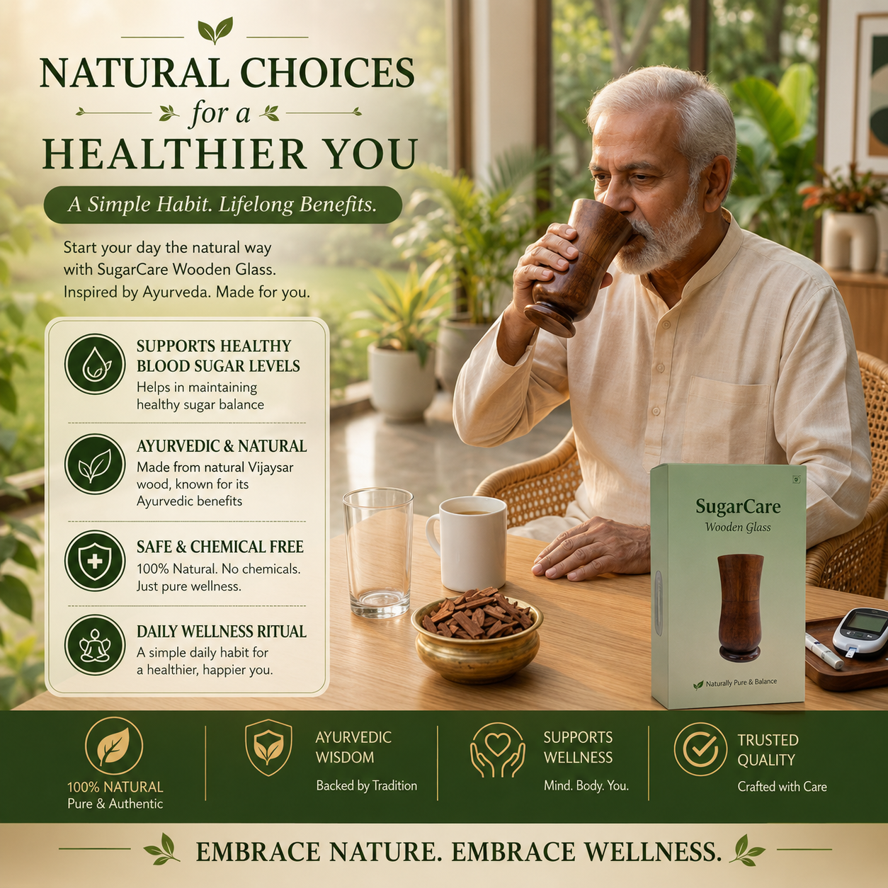 🍃💚 Wellness Wooden Water Glass – Weight & Sugar Support🪵