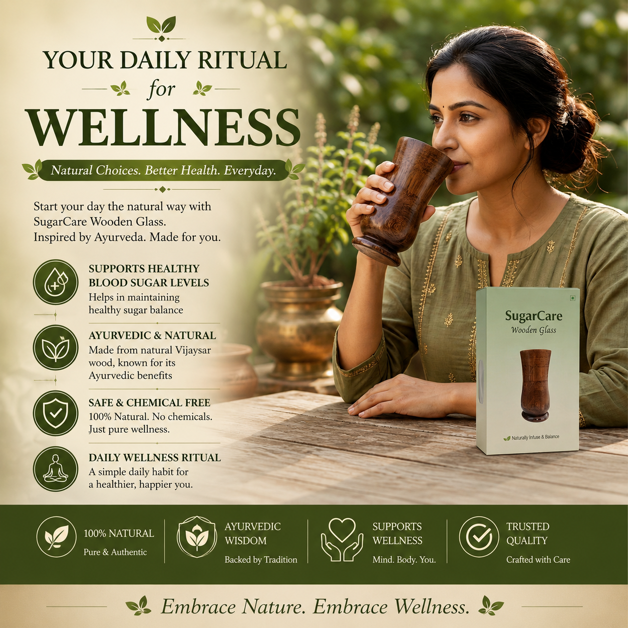 🍃💚 Wellness Wooden Water Glass – Weight & Sugar Support🪵